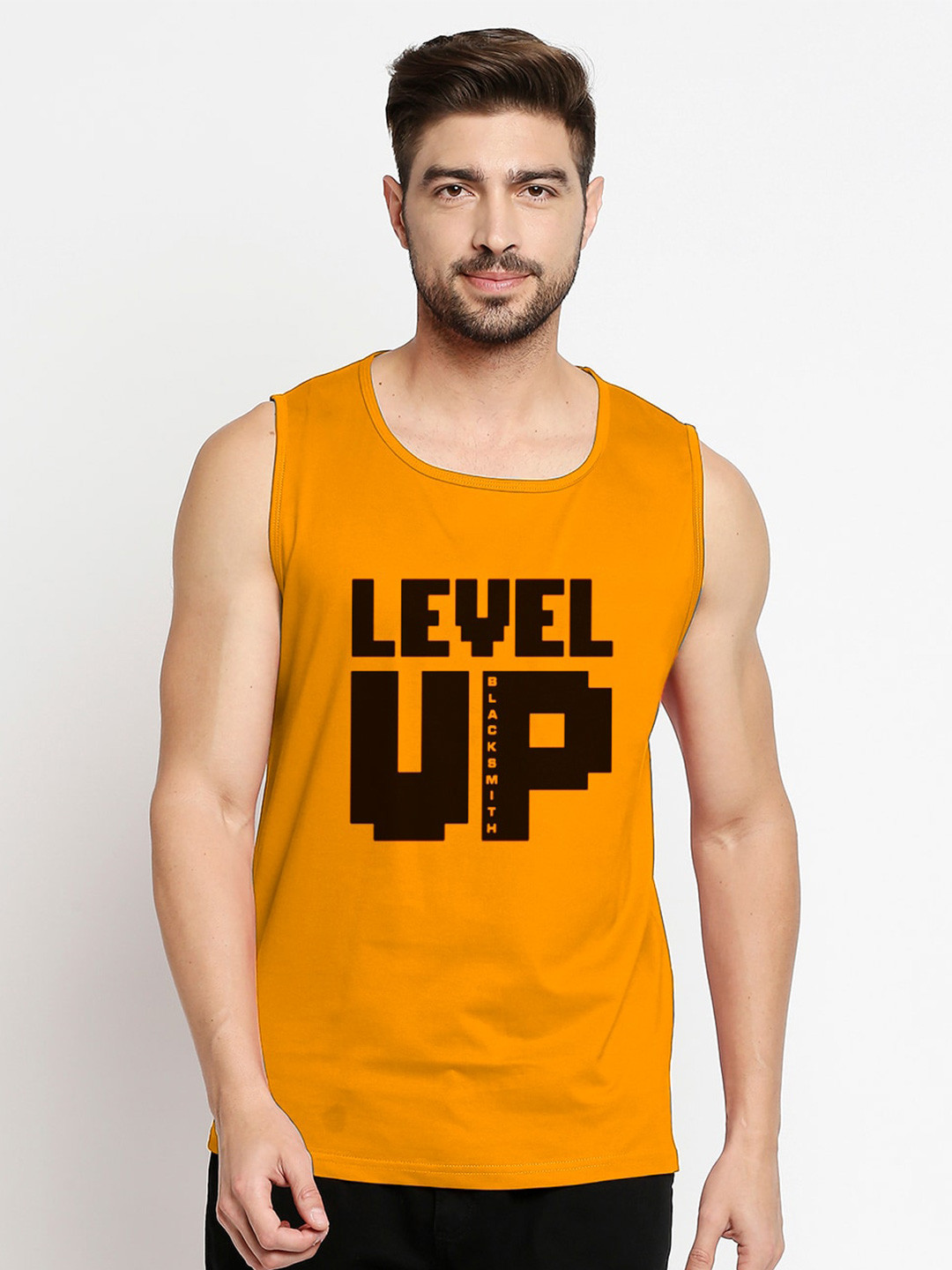 Blacksmith Men Mustard Typography Printed Sleeveless T-shirt