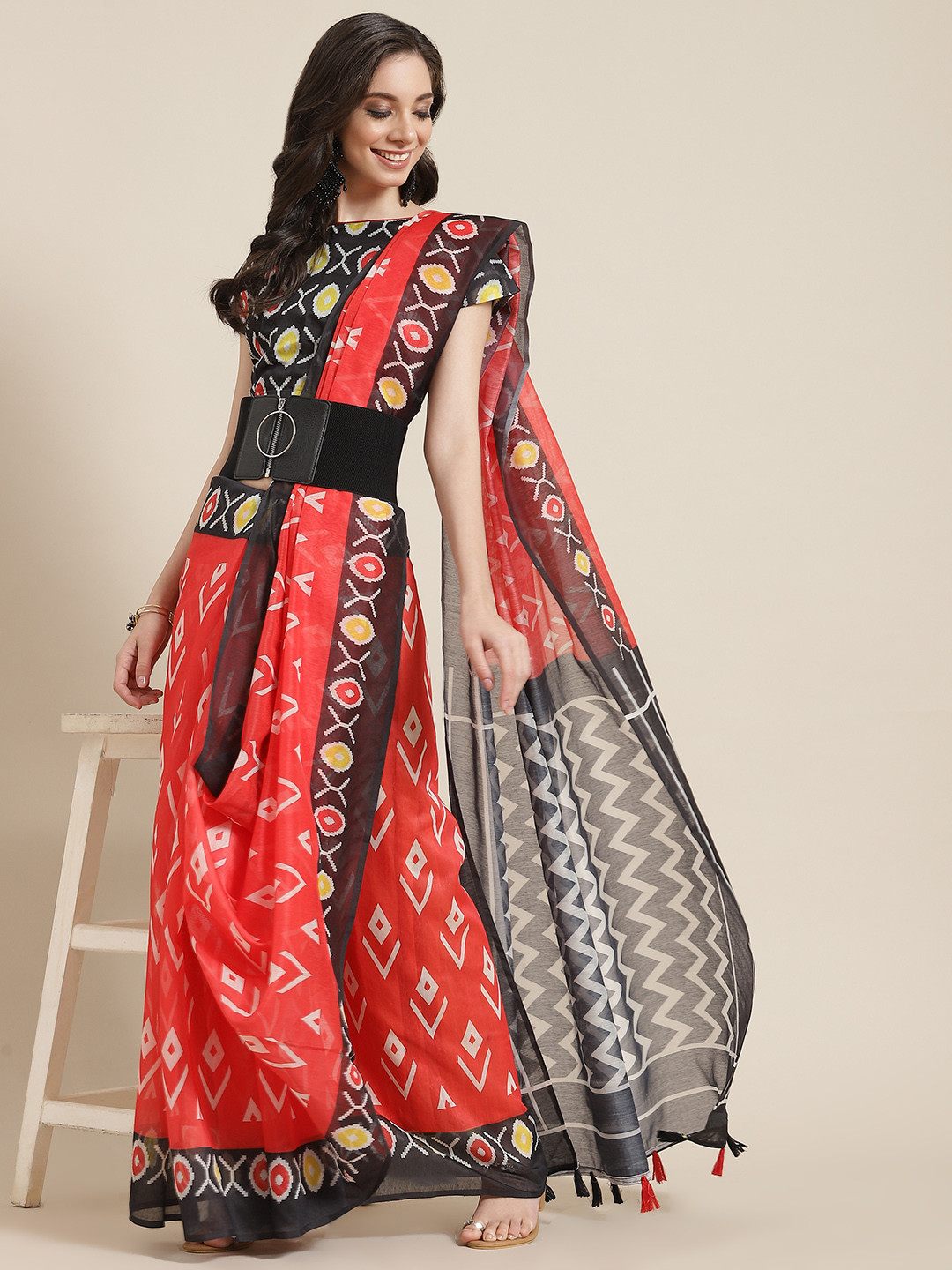 SERONA FABRICS Coral Red & Black Ethnic Motifs Linen Blend Saree