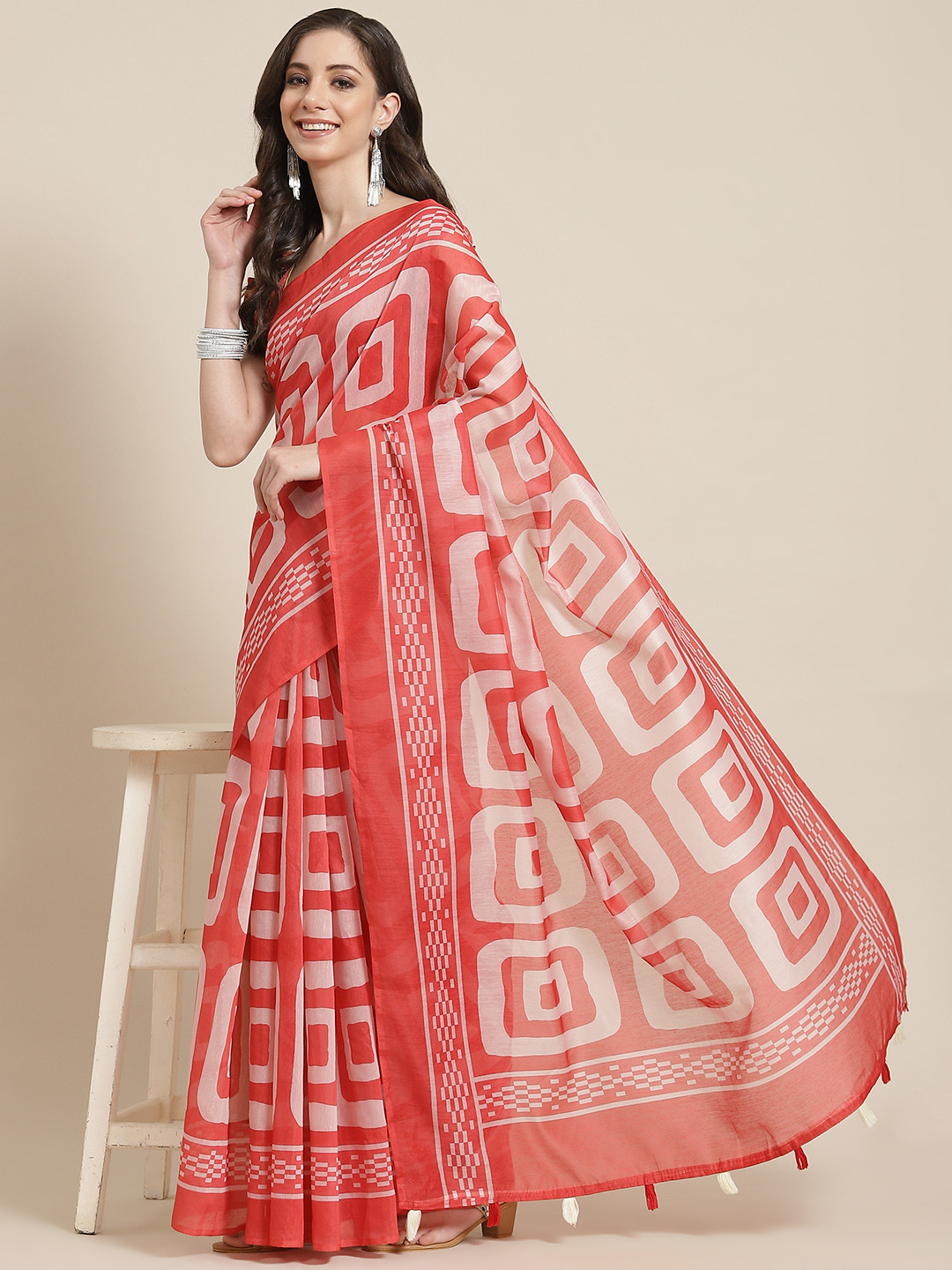 SERONA FABRICS Coral Pink & Off-White Linen Blend Saree