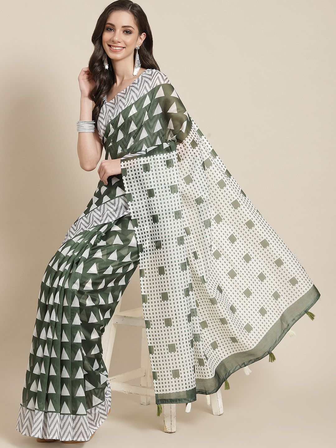 SERONA FABRICS Olive Green & White Linen Blend Saree