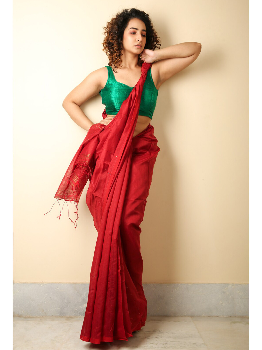Charukriti Red Solid Embellished Handloom Saree