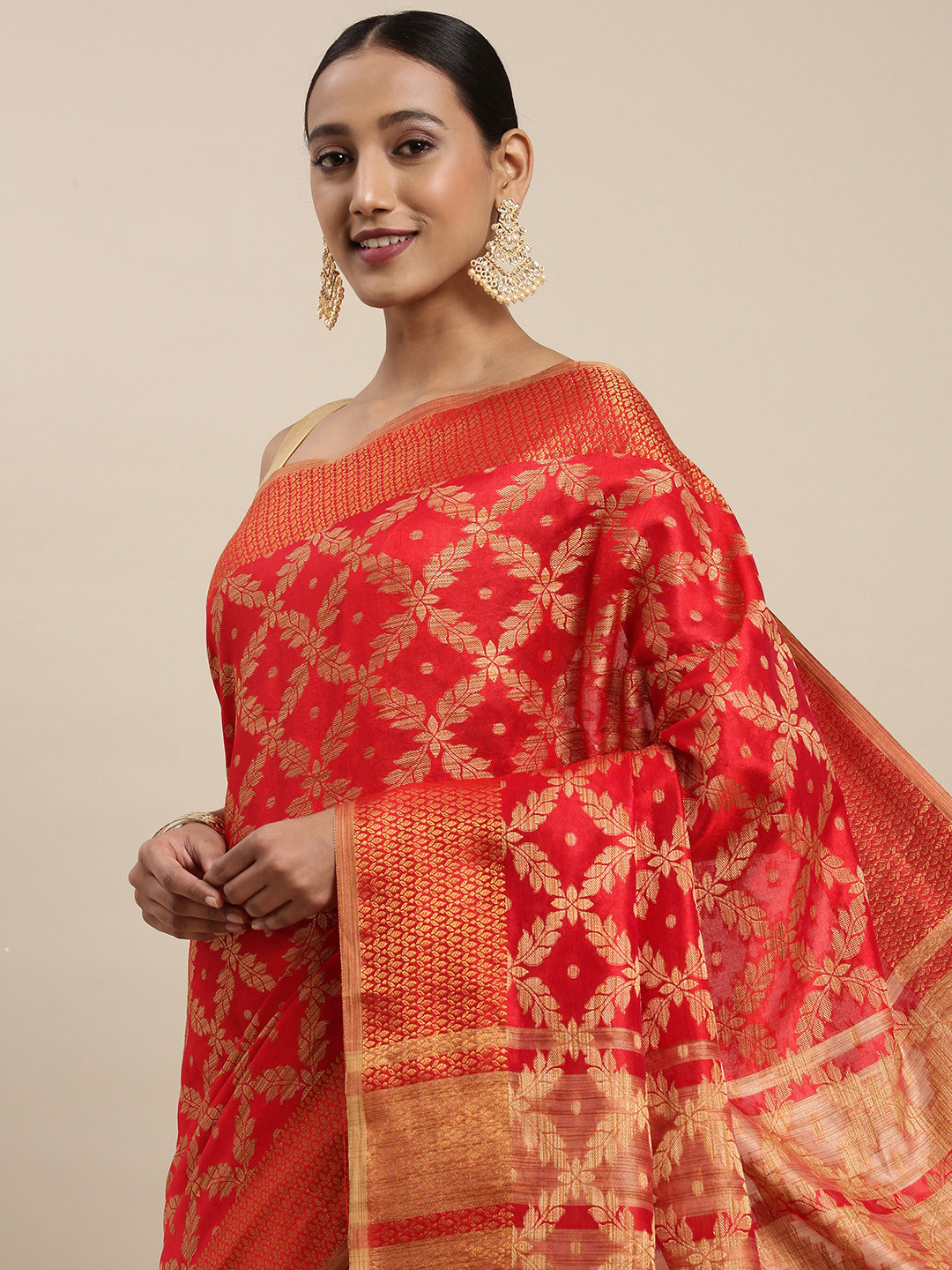 Mitera Red & Geometric Woven Design Saree