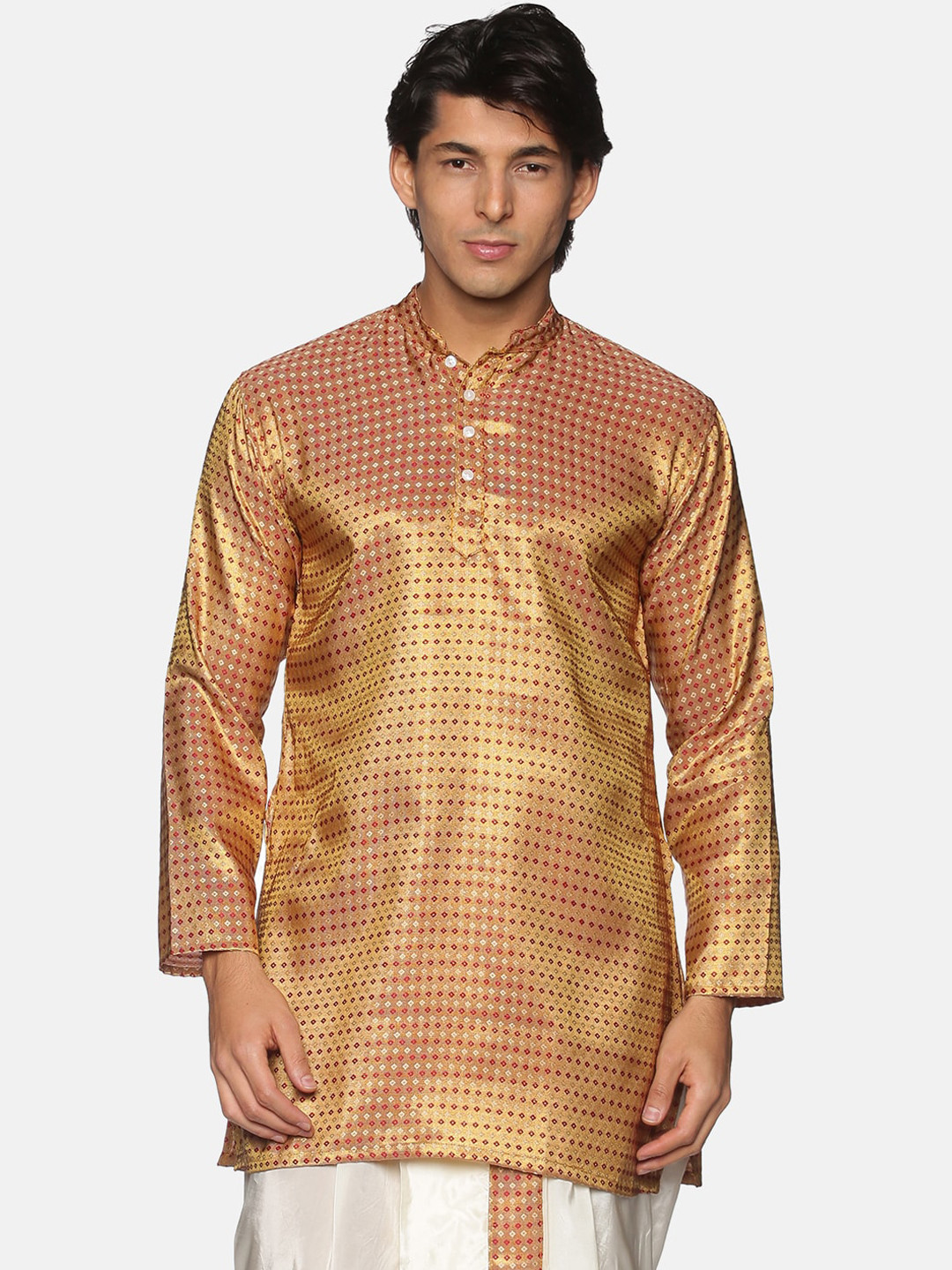 Sethukrishna Men Golden Colored Geometric Printed Art Silk Straight Kurta