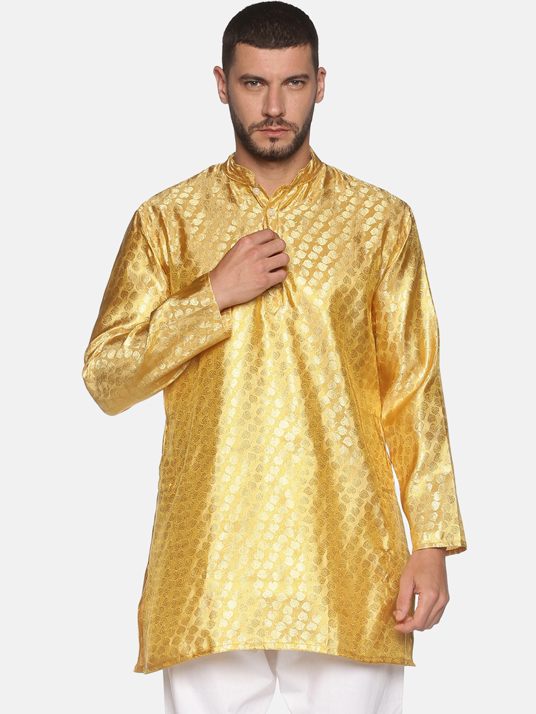 Sethukrishna Men Golden Colored Floral Printed Art Silk Straight Kurta