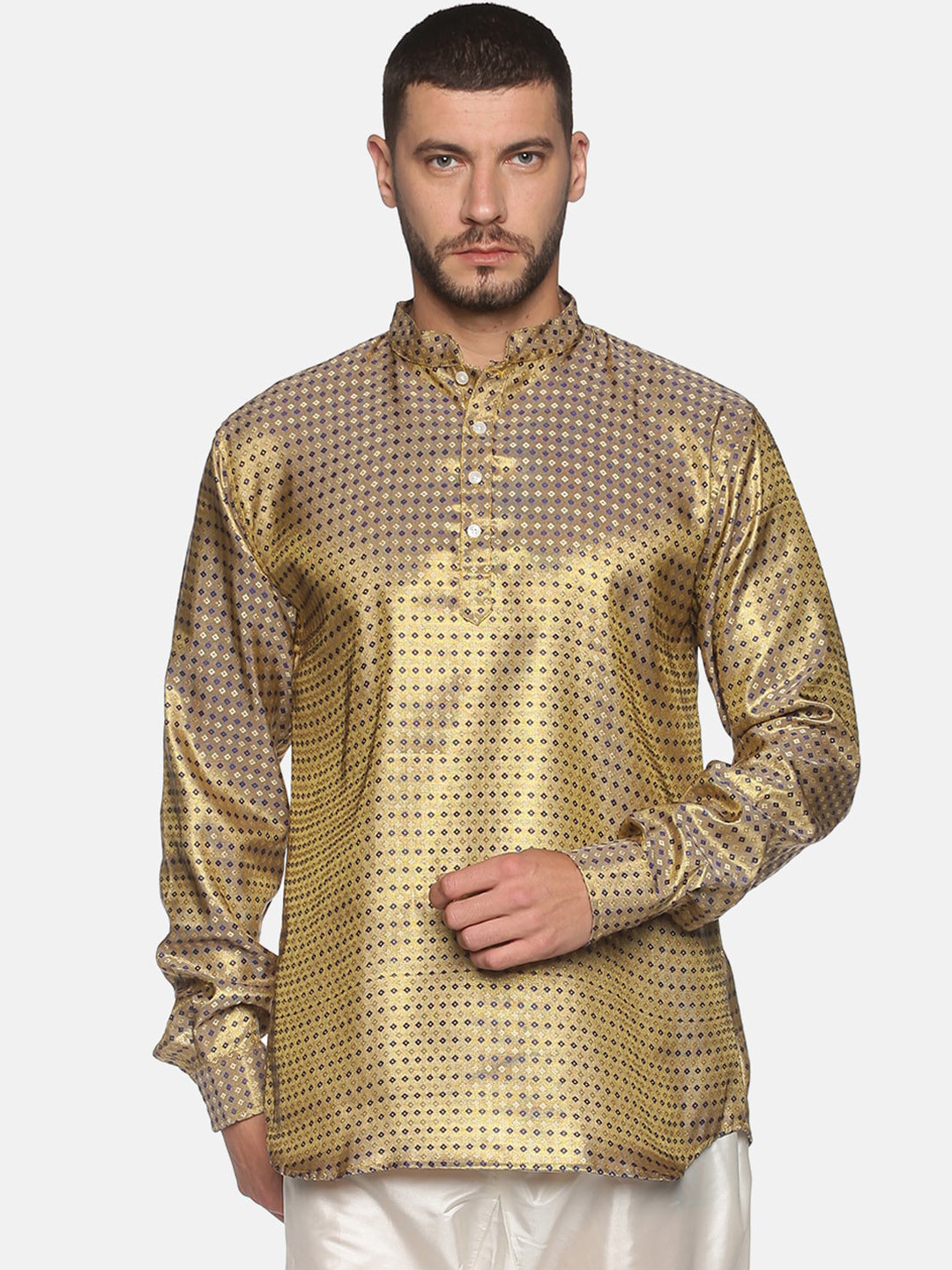 Sethukrishna Men Gold-Coloured & Blue Ethnic Motifs Printed Patchwork Kurta