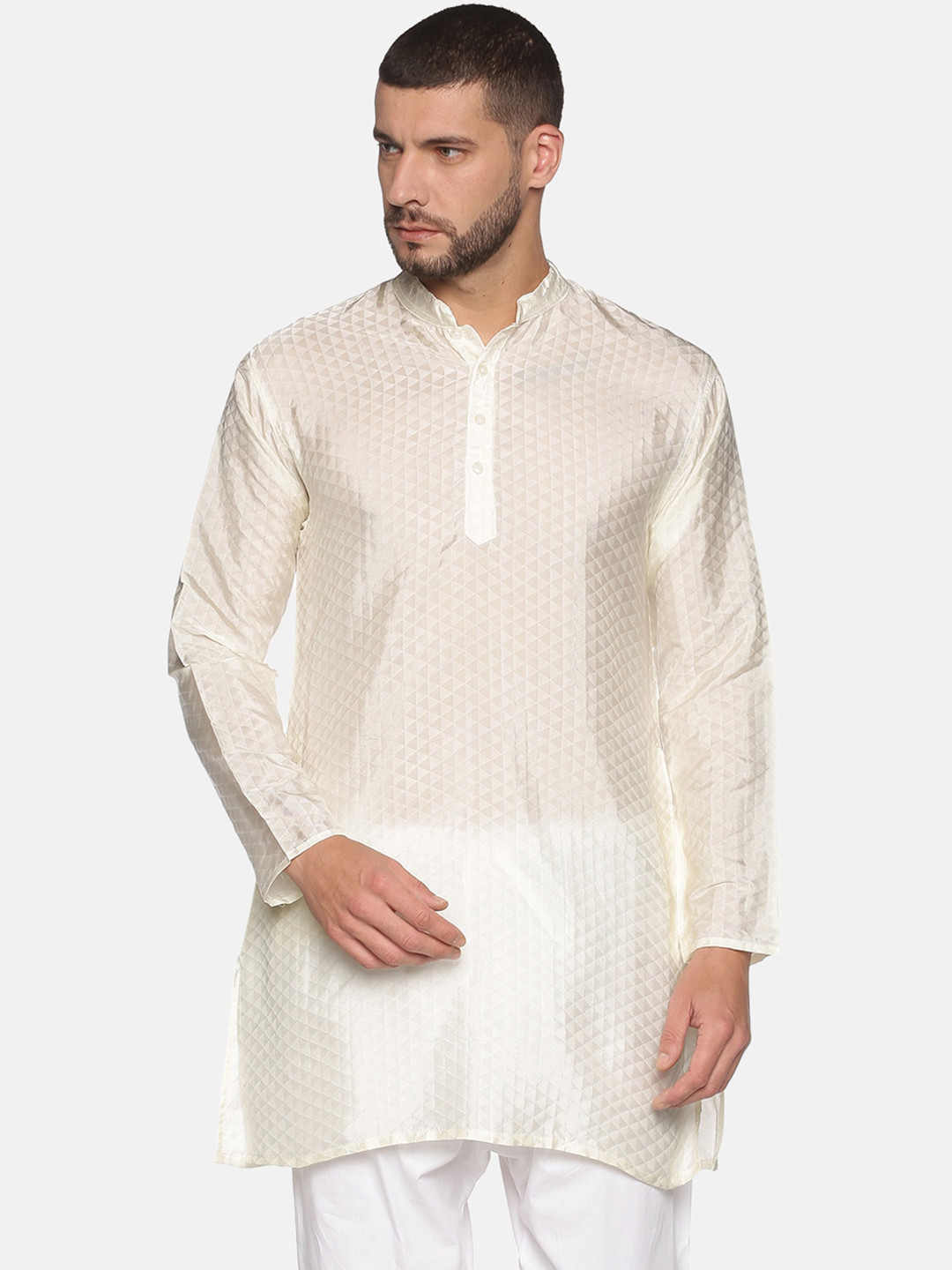 Sethukrishna Men Cream-Coloured Geometric Patchwork Kurta