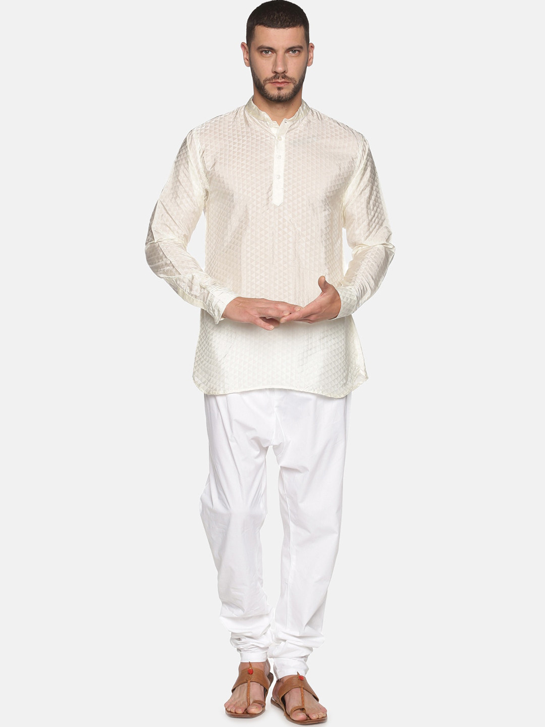 Sethukrishna Men Cream-Coloured Art Silk Kurta with Pyjamas