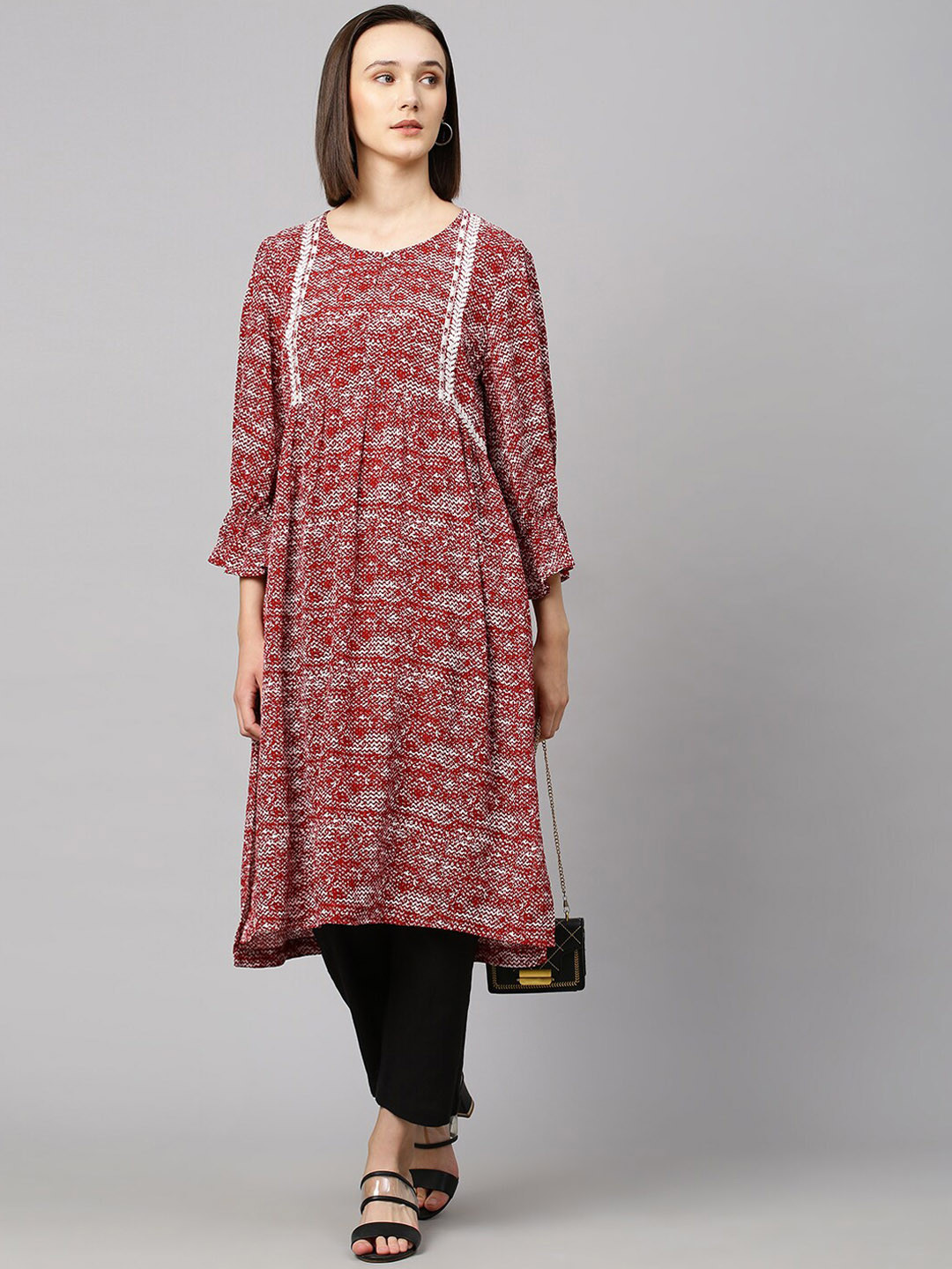 Modern Indian by CHEMISTRY Women Red & White Embroidered A-line Kurta