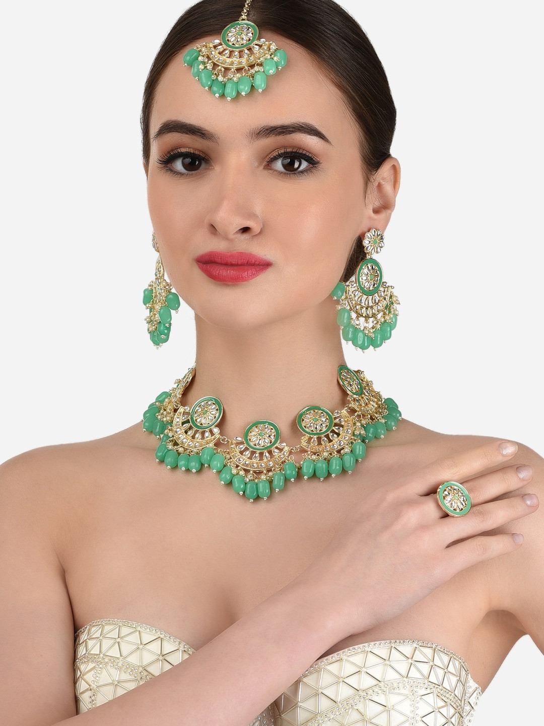Zaveri Pearls Green & White Gold Plated Meenakari Crescent Shape Kundan Jewellery Set