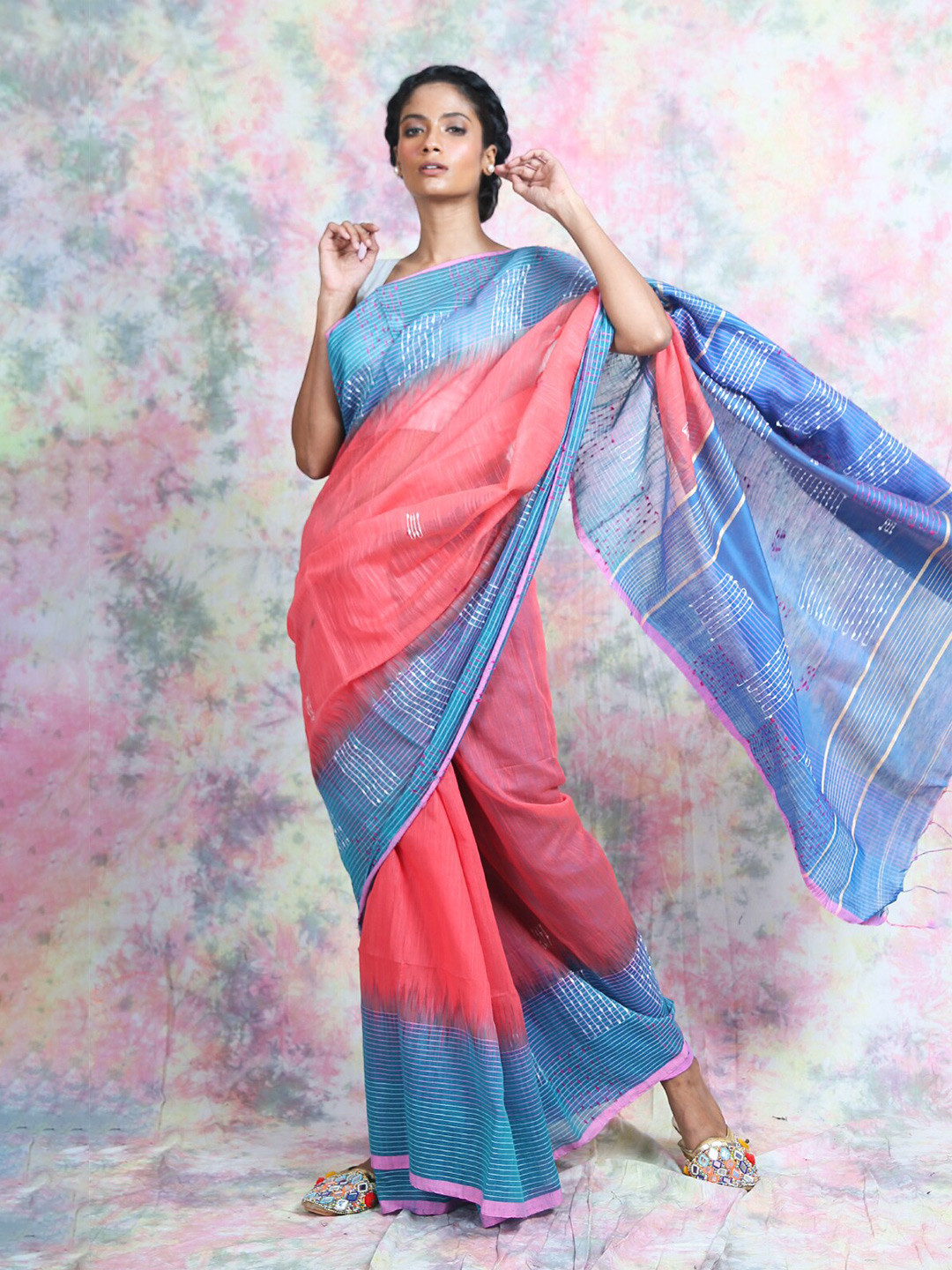 Charukriti Peach & Blue Woven Design Handloom Saree