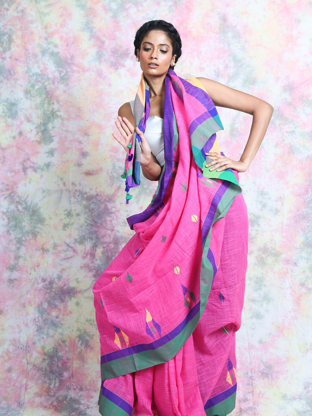 Charukriti Pink & Blue Woven Design Dual Border Cotton Blend Handloom Saree