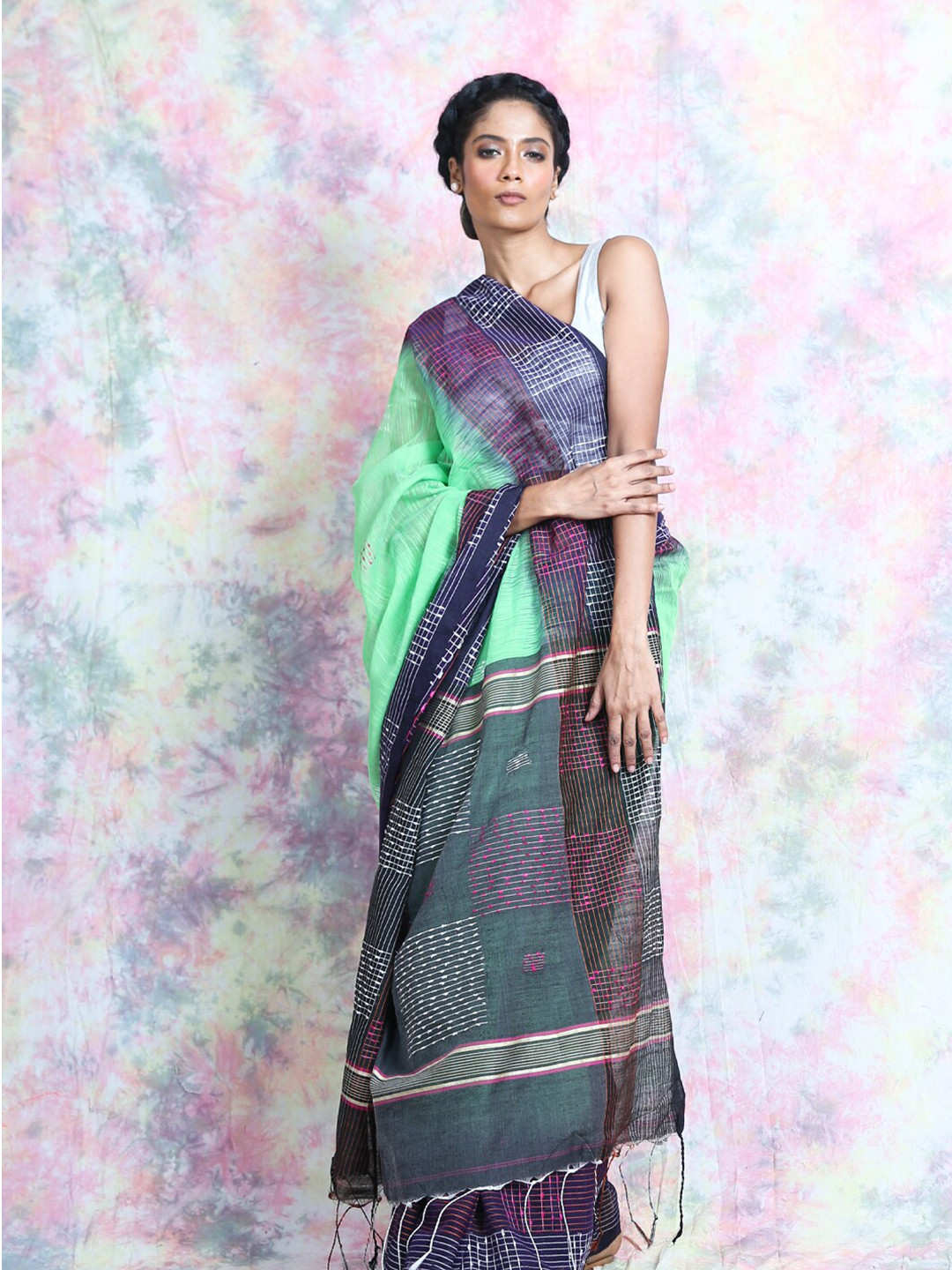 Charukriti Mint Green & Blue Woven Design Saree