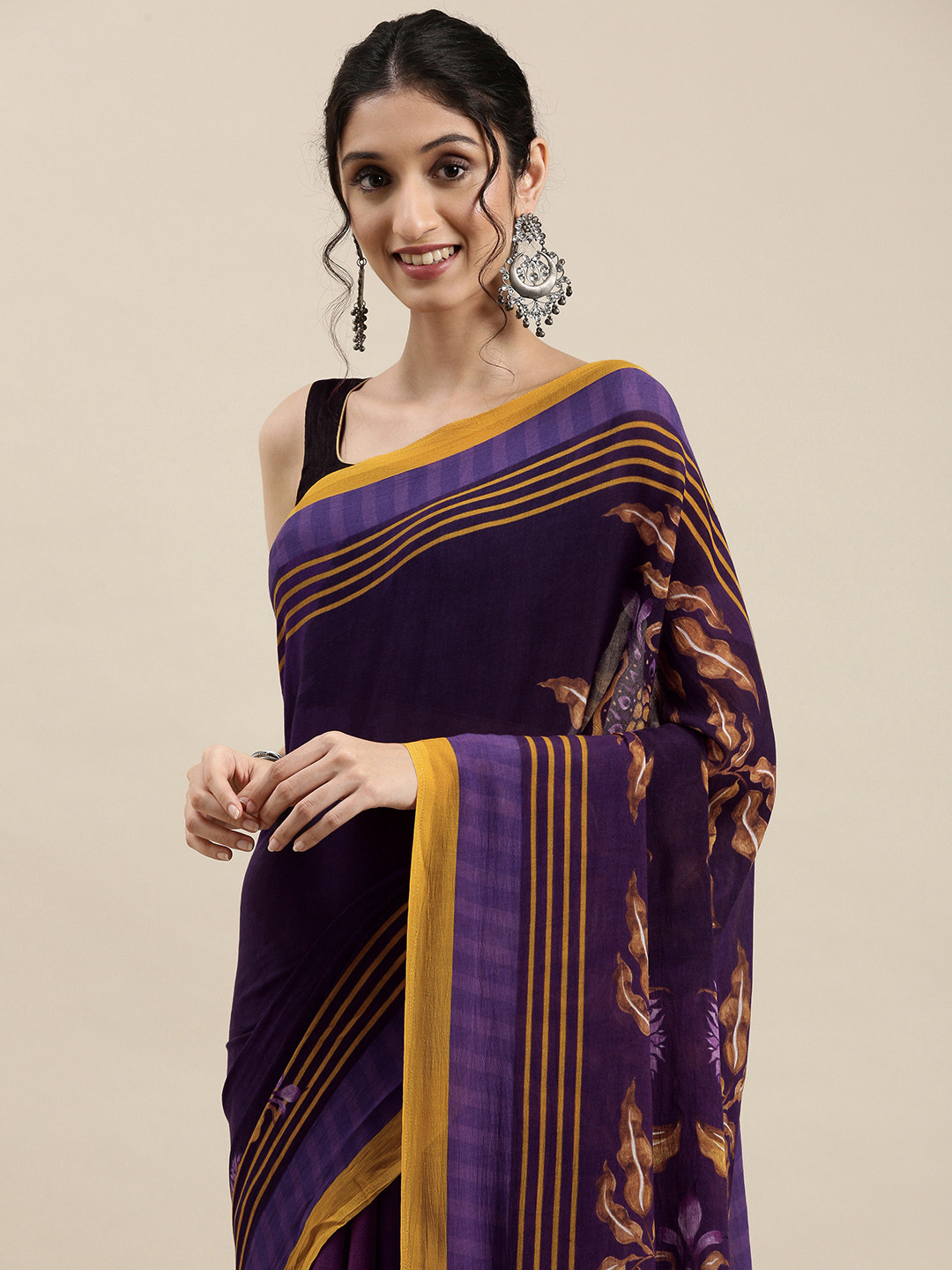 navyasa by liva Purple & Mustard Brown Ethnic Motifs Printed Saree