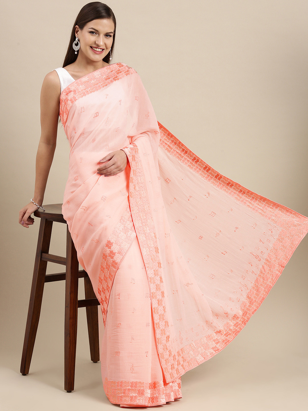 navyasa by liva Pink Musical Note Embroidered Liva Georgette Saree