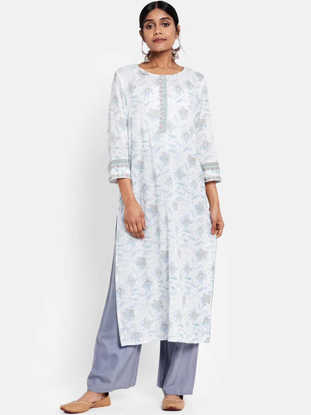 Fabindia Women White Floral Printed Kurta
