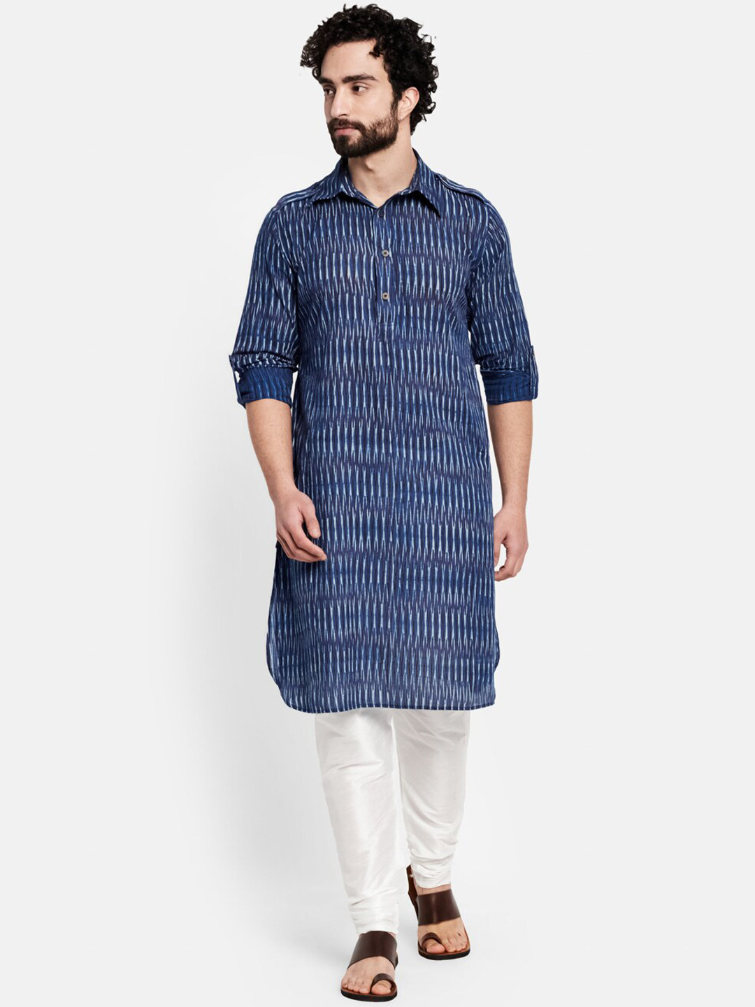 Fabindia Men Navy Blue Striped Cotton Pathani Kurta