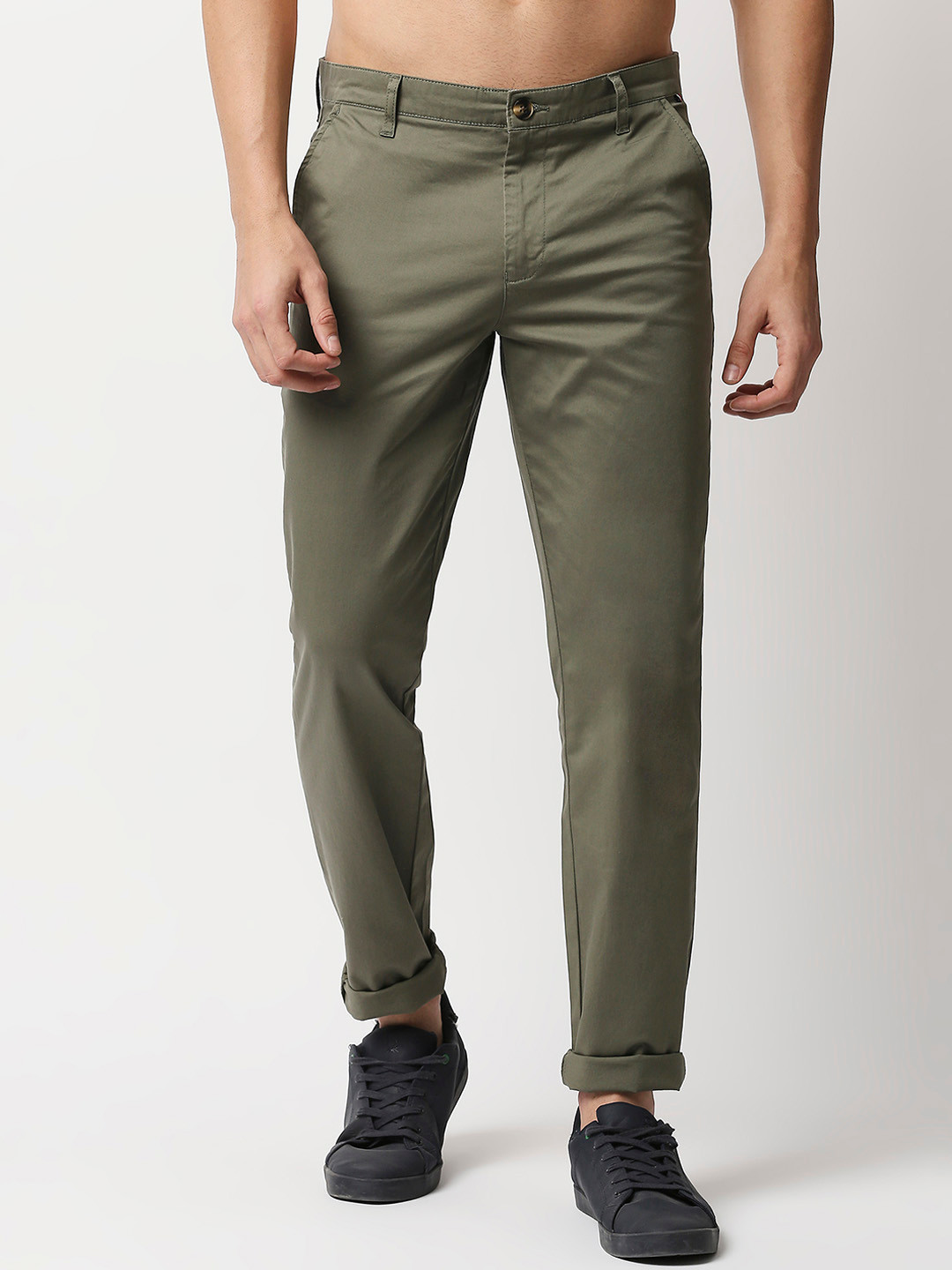 Thomas Scott Men Olive Green New Millennium Fit Easy Wash Trousers