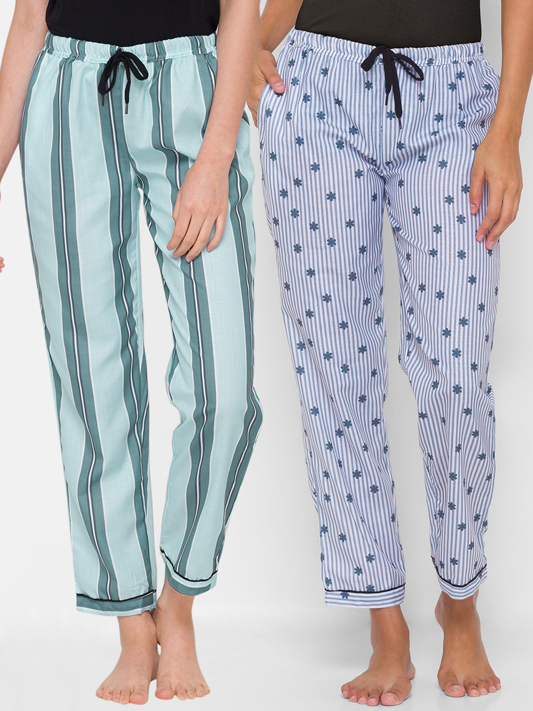FashionRack Women Set of 2 Green and Blue Printed Cotton Lounge Pants