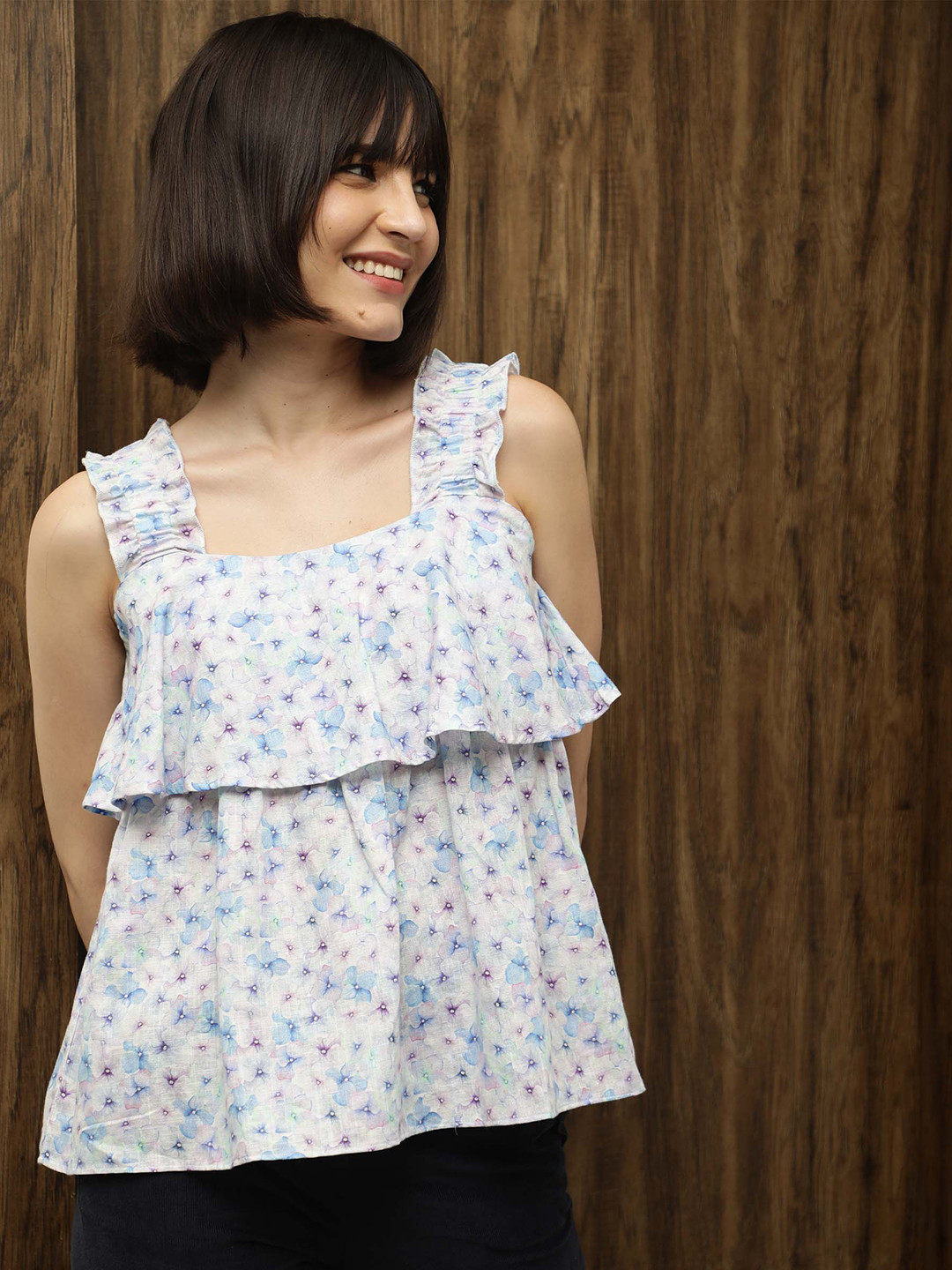 RAREISM Blue Floral Printed Tiered Top