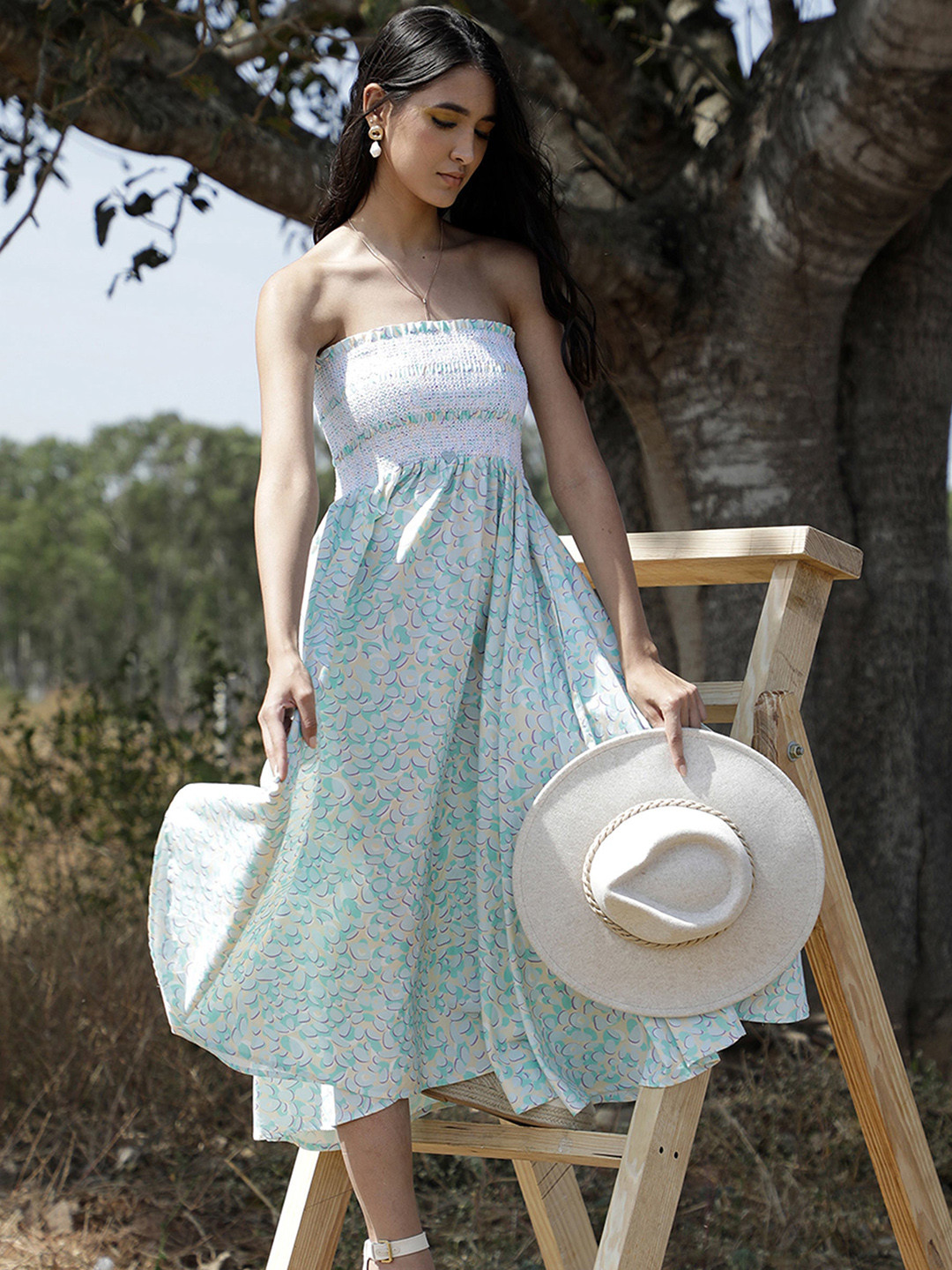 RAREISM Women Green & White Floral Satin Empire Midi Dress