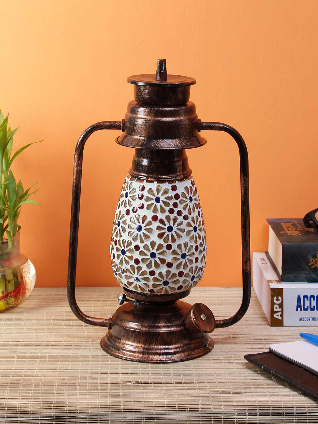 Devansh Copper-Toned & Multicolor Mosaic Glass Lantern Table lamp