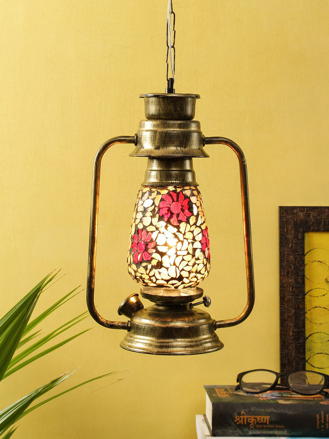 Devansh Gold-Toned & Red Glass Lantern Hanging Lamp