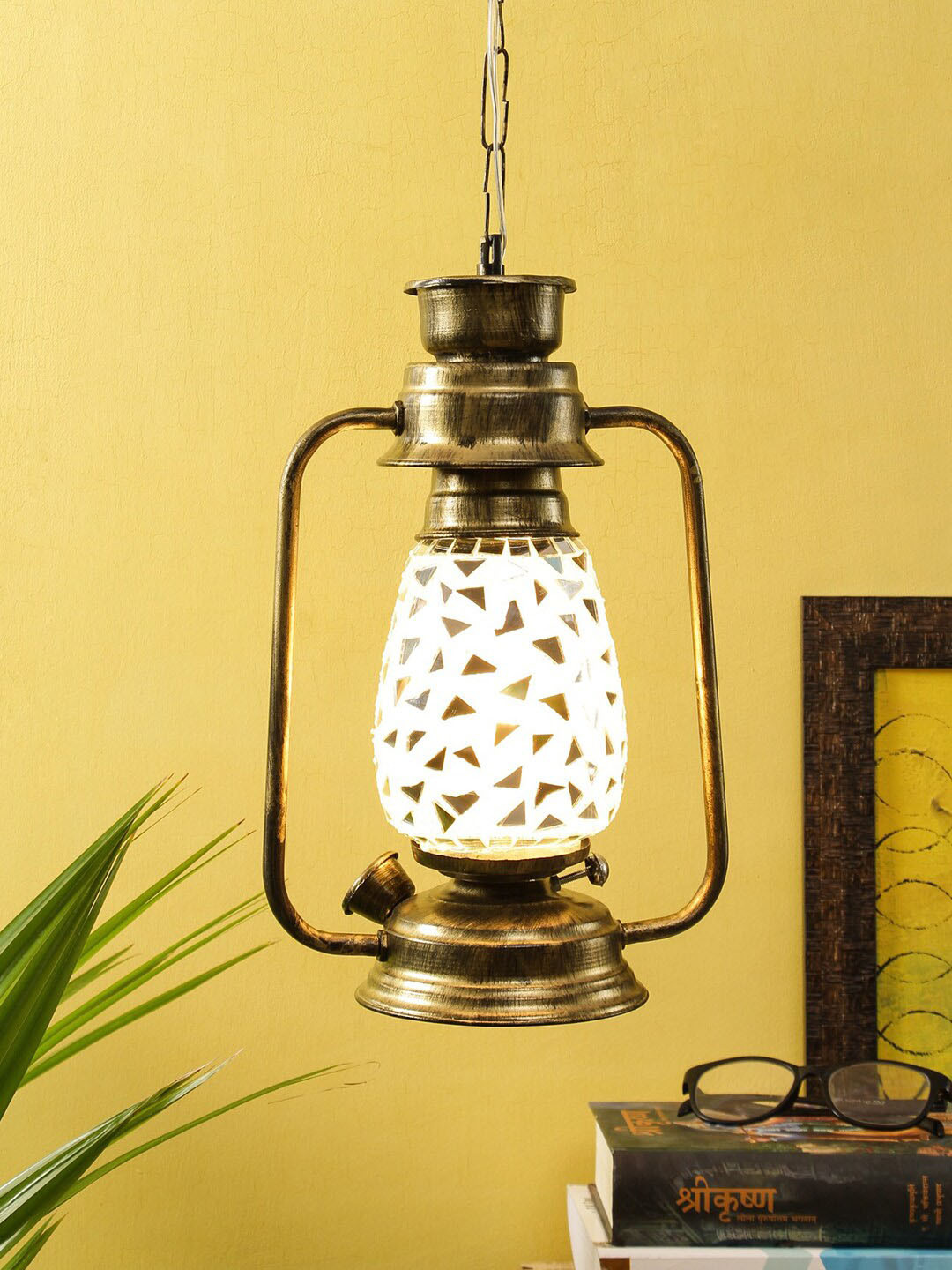 Devansh Multicolour Gold Milky Glass Hanging Lamp