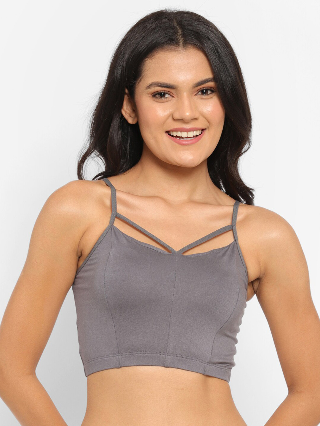 N-Gal Grey Solid Front Strappy Detail Crop Top Bralette Slip On Bra