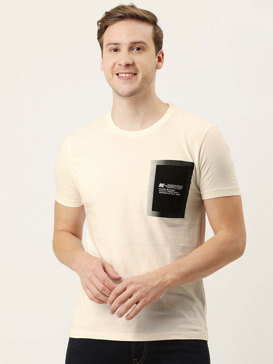 Flying Machine Men Off White & Black Typography Printed Pure Cotton Slim Fit T-shirt