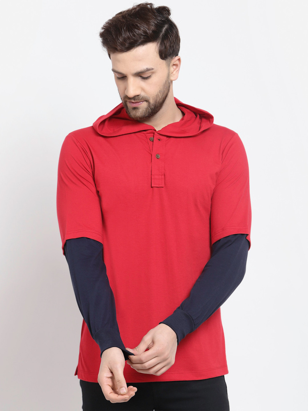 Kalt Men Red Colourblocked Hooded T-shirt