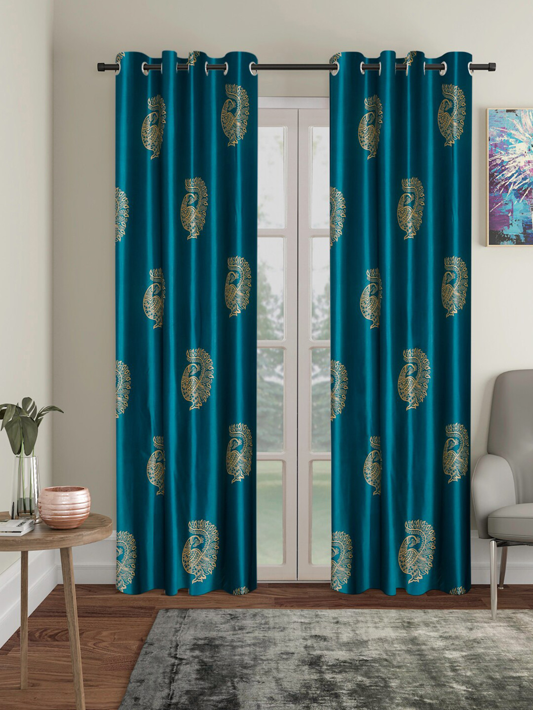 Home Sizzler Set Of 2 Teal Blue & Beige Peacock Printed Long Door Curtain