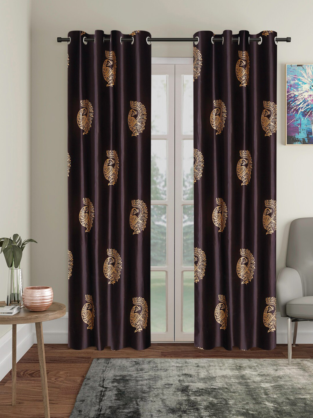 Home Sizzler Brown & Beige Set of 2 Ethnic Motifs Hand Block Printed Door Curtains
