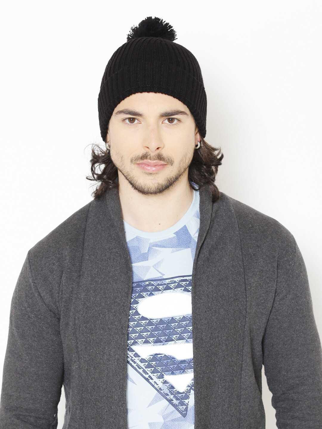 Bharatasya Men Black Ribbed Knitted Acrylic Woolen Beanie With Pom-Pom