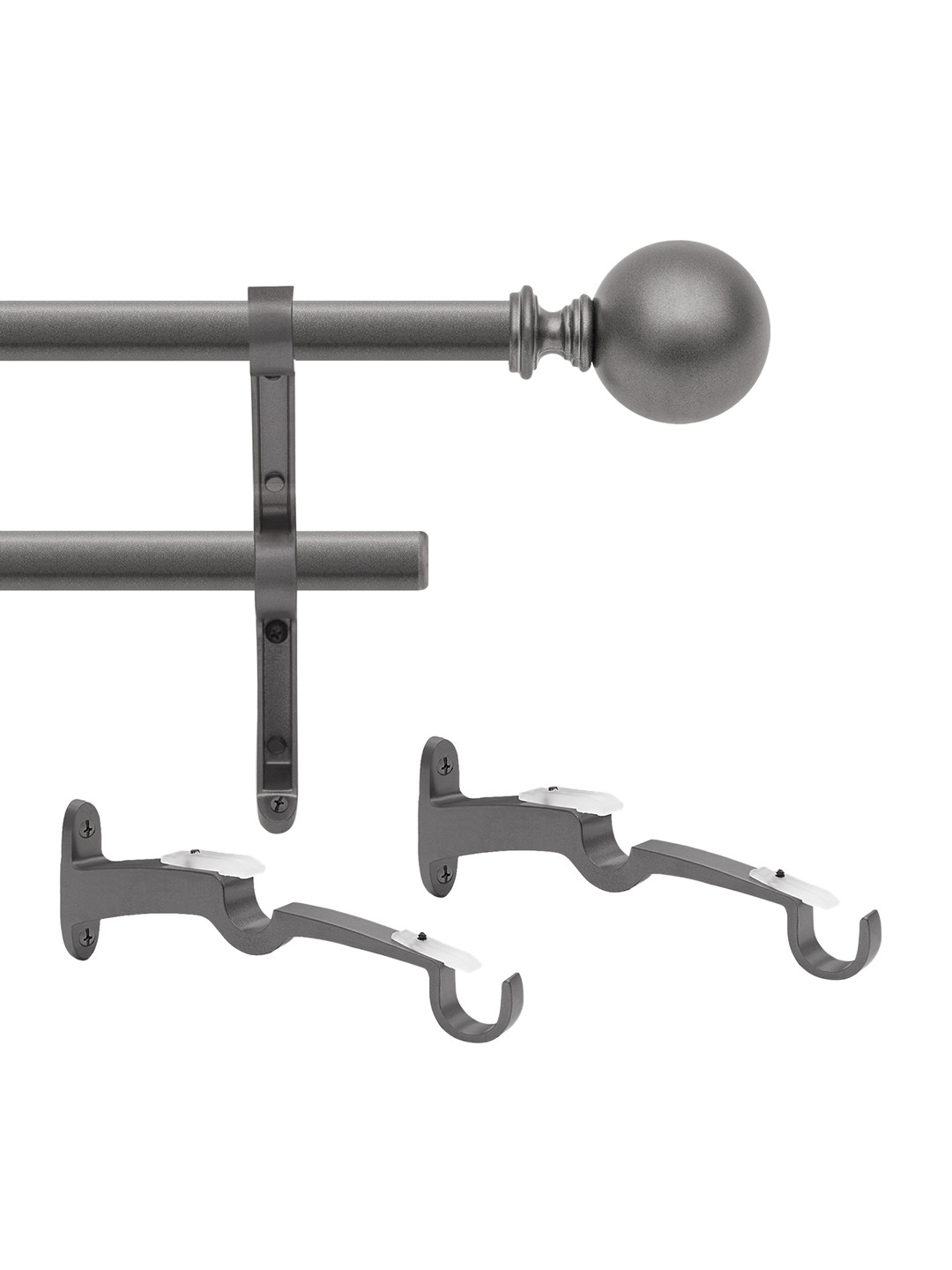 Deco Window Grey Extendable Double Curtain Rod with Brackets Ball Finials