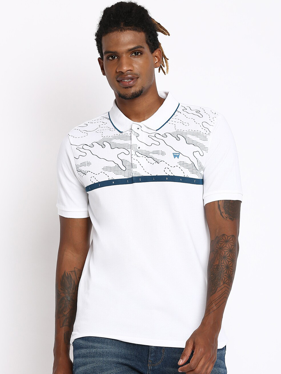 Wrangler Men White Printed Polo Collar T-shirt