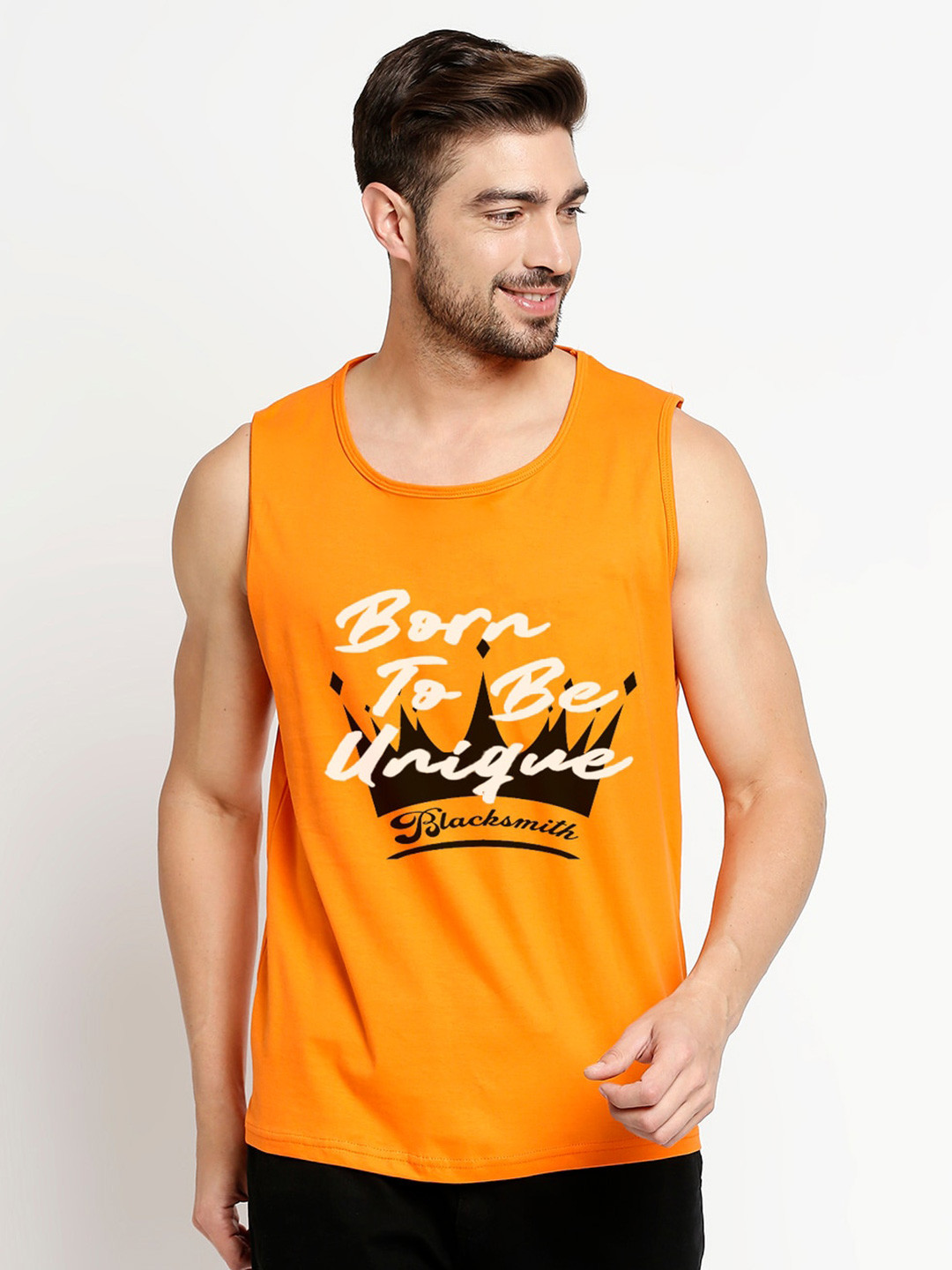 Blacksmith Men Orange Printed Pure Cotton Regular Fit Training or Gym T-shirt