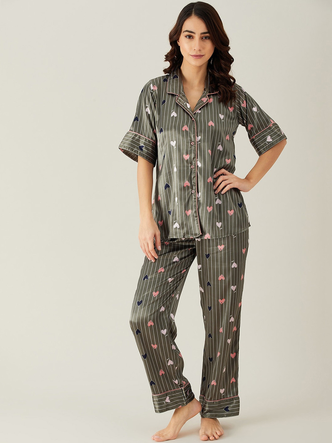 The Kaftan Company Women Olive Printed Night Suit