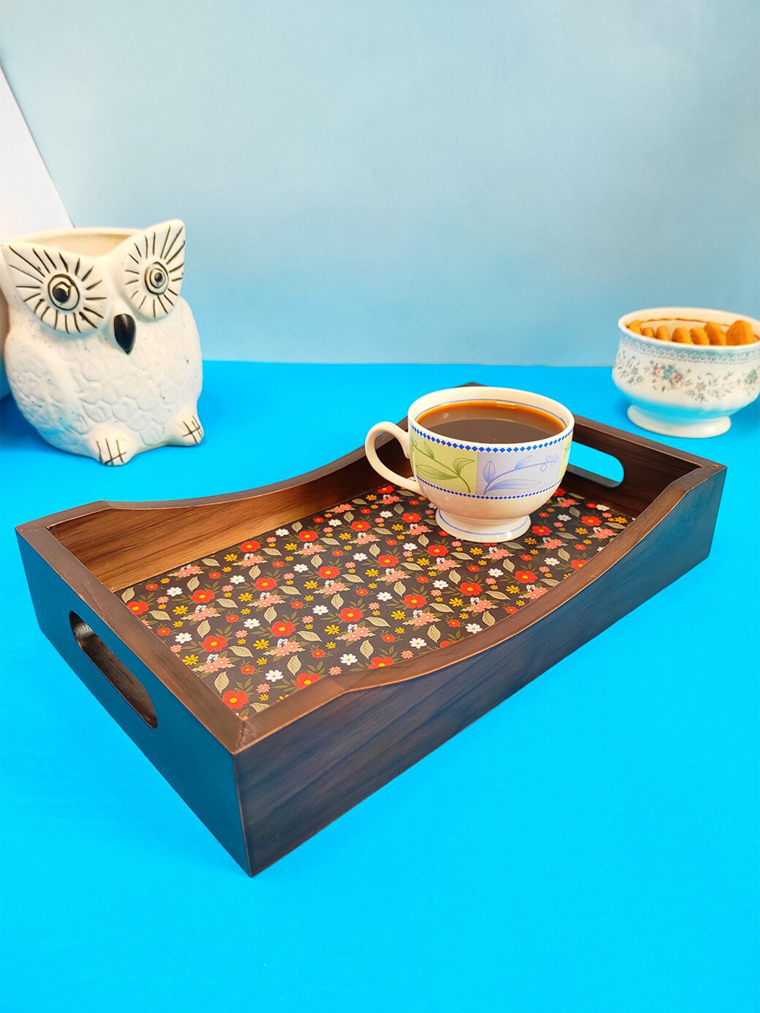 CRAYTON Brown Floral Printed Wooden Serving Tray