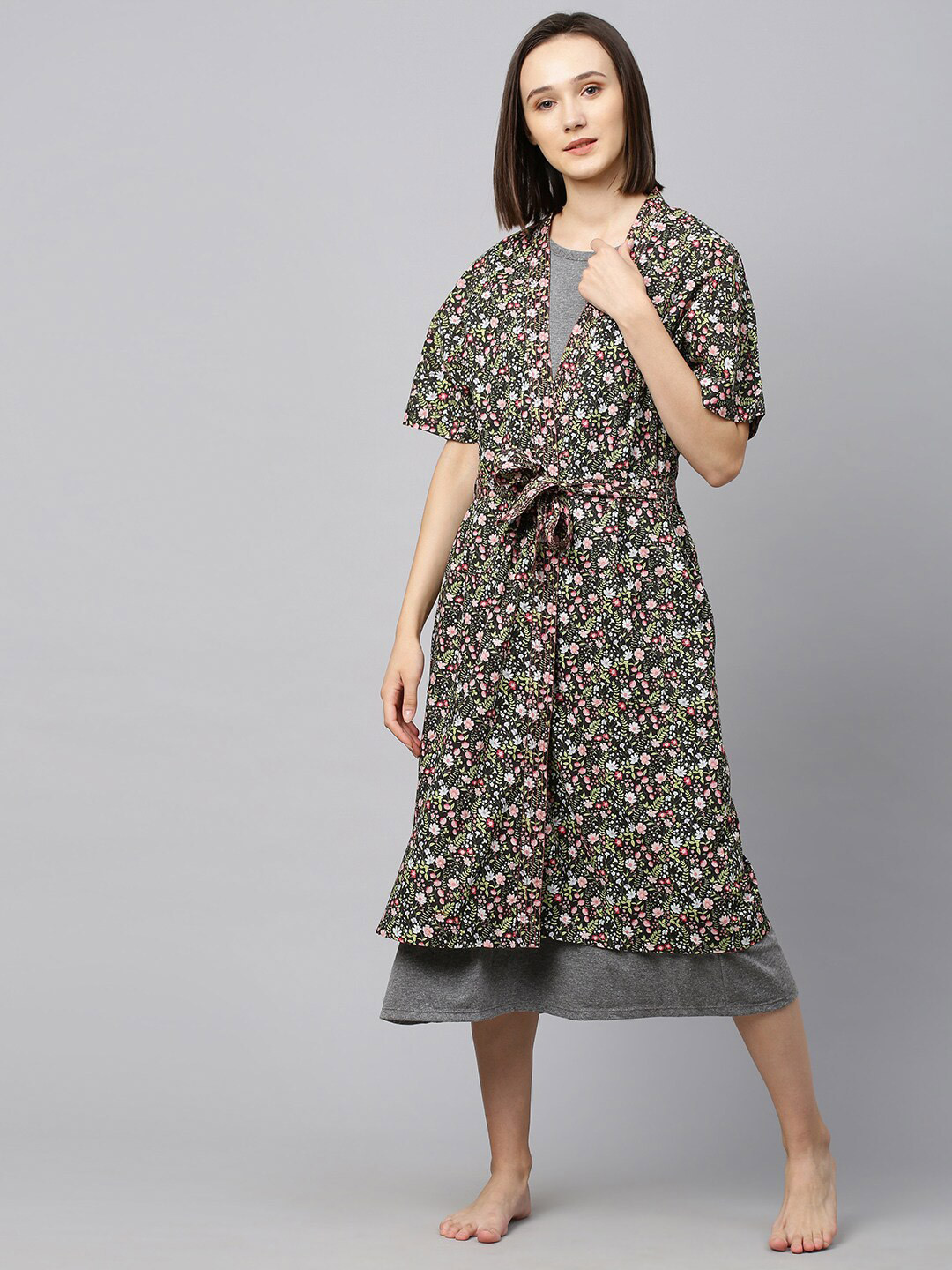 Chemistry Grey Nightdress with floral printed shrug