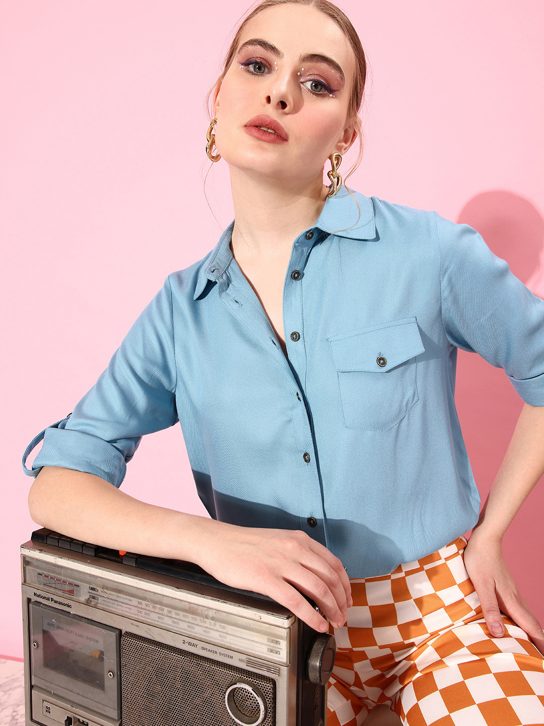 Roadster Women Solid Opaque Pure Viscose Rayon Casual Shirt With Chest Pocket