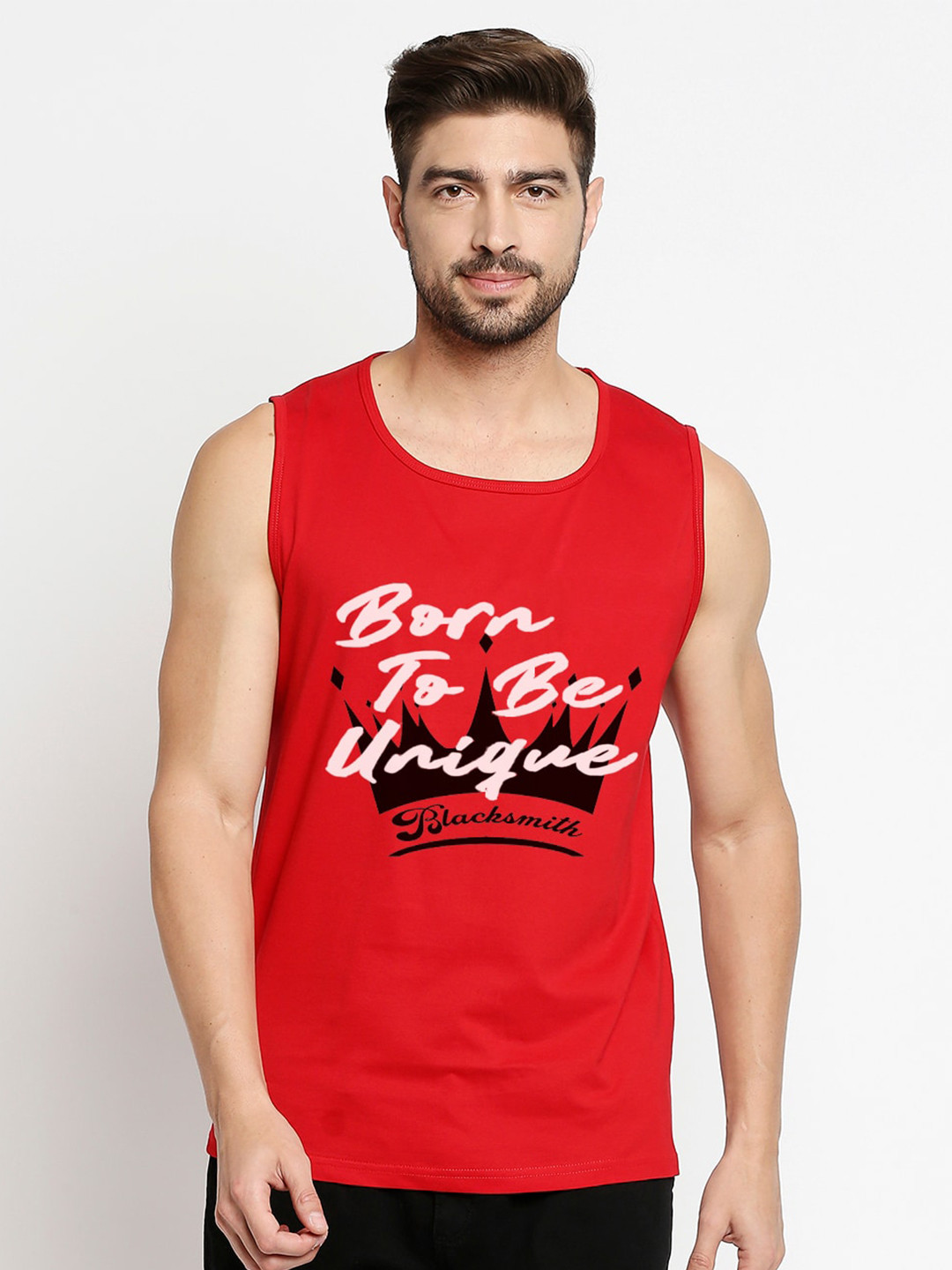 Blacksmith Men Red Typography Printed Sleeveless Training or Gym T-shirt