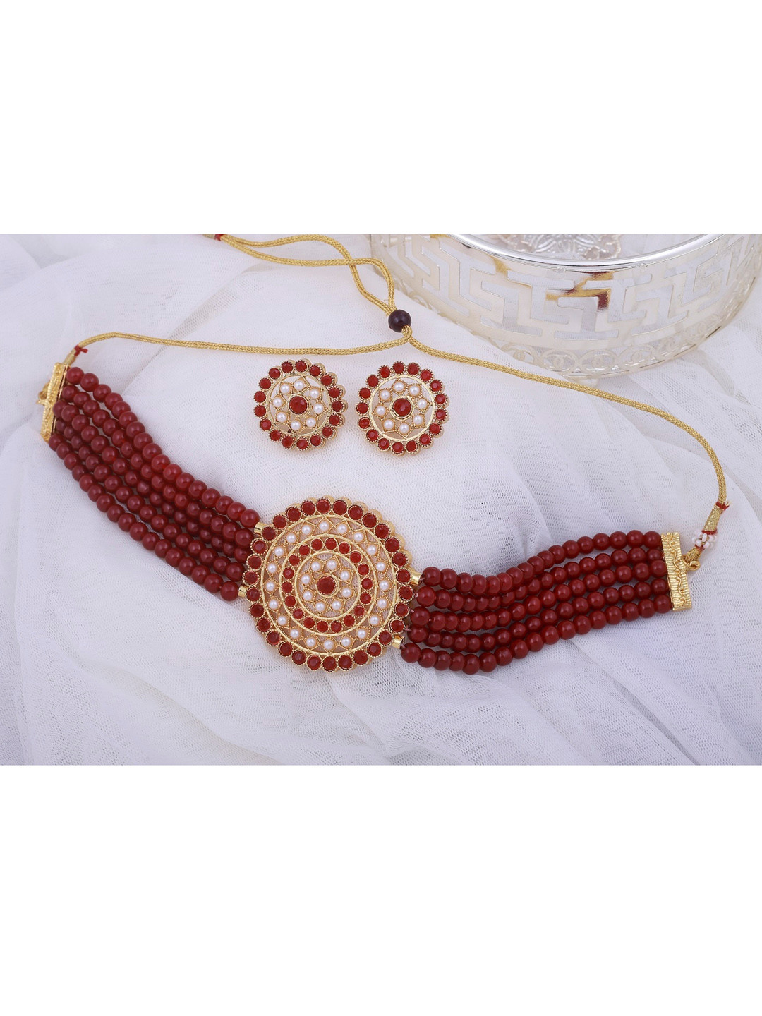 APARA Gold-Plated White & Maroon Stone-Studded & Beaded Jewellery Set