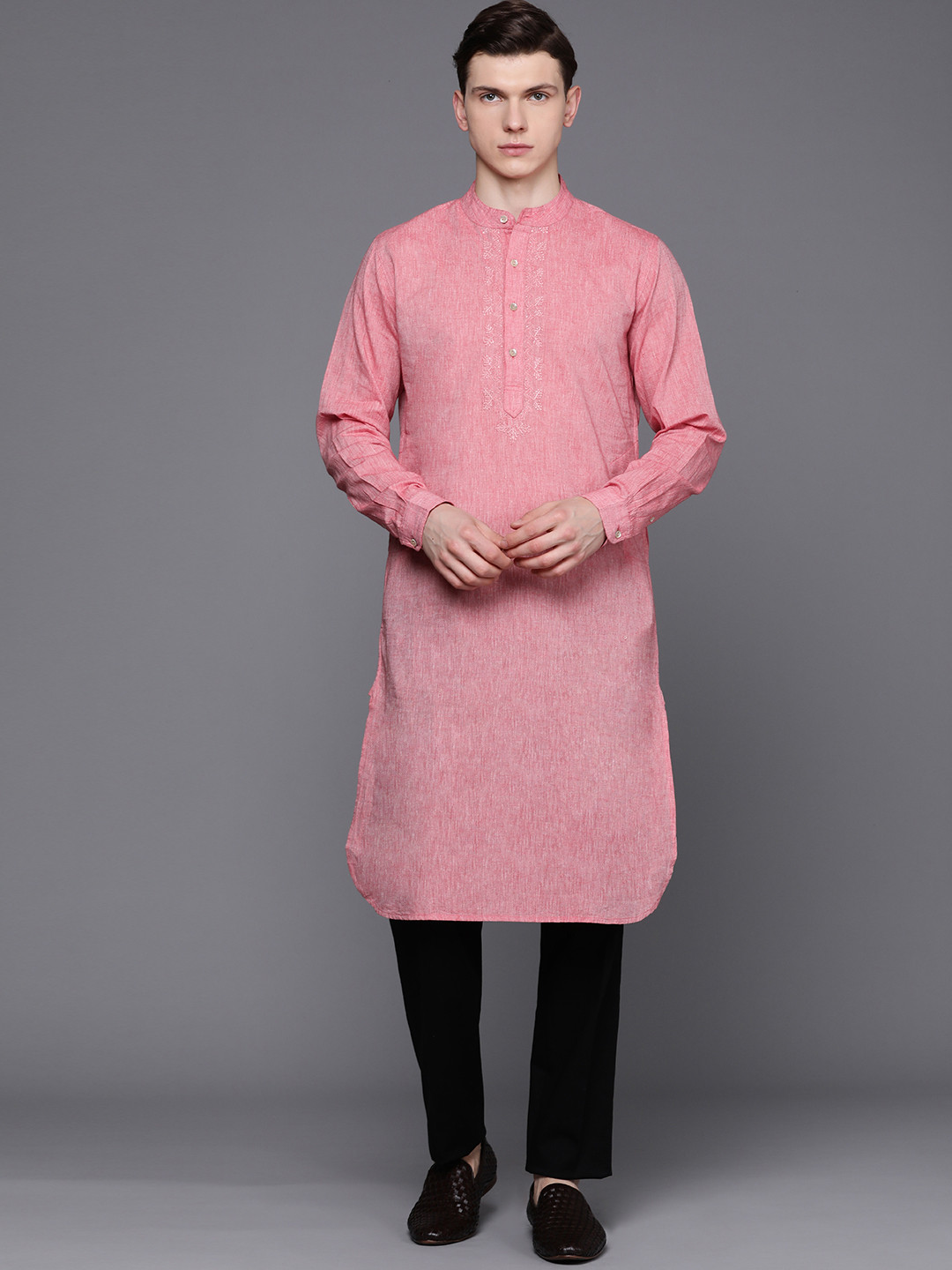 Fabindia Men Red Embroidered Chikankari Slim Fit Pure Cotton Kurta