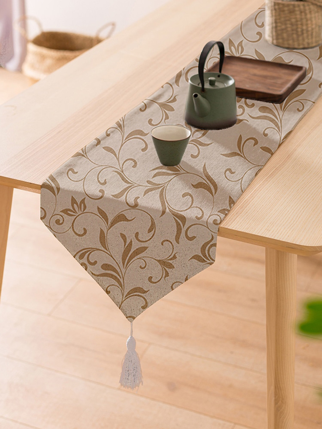 STITCHNEST Cream Cotton Canvas Printed Table Runner