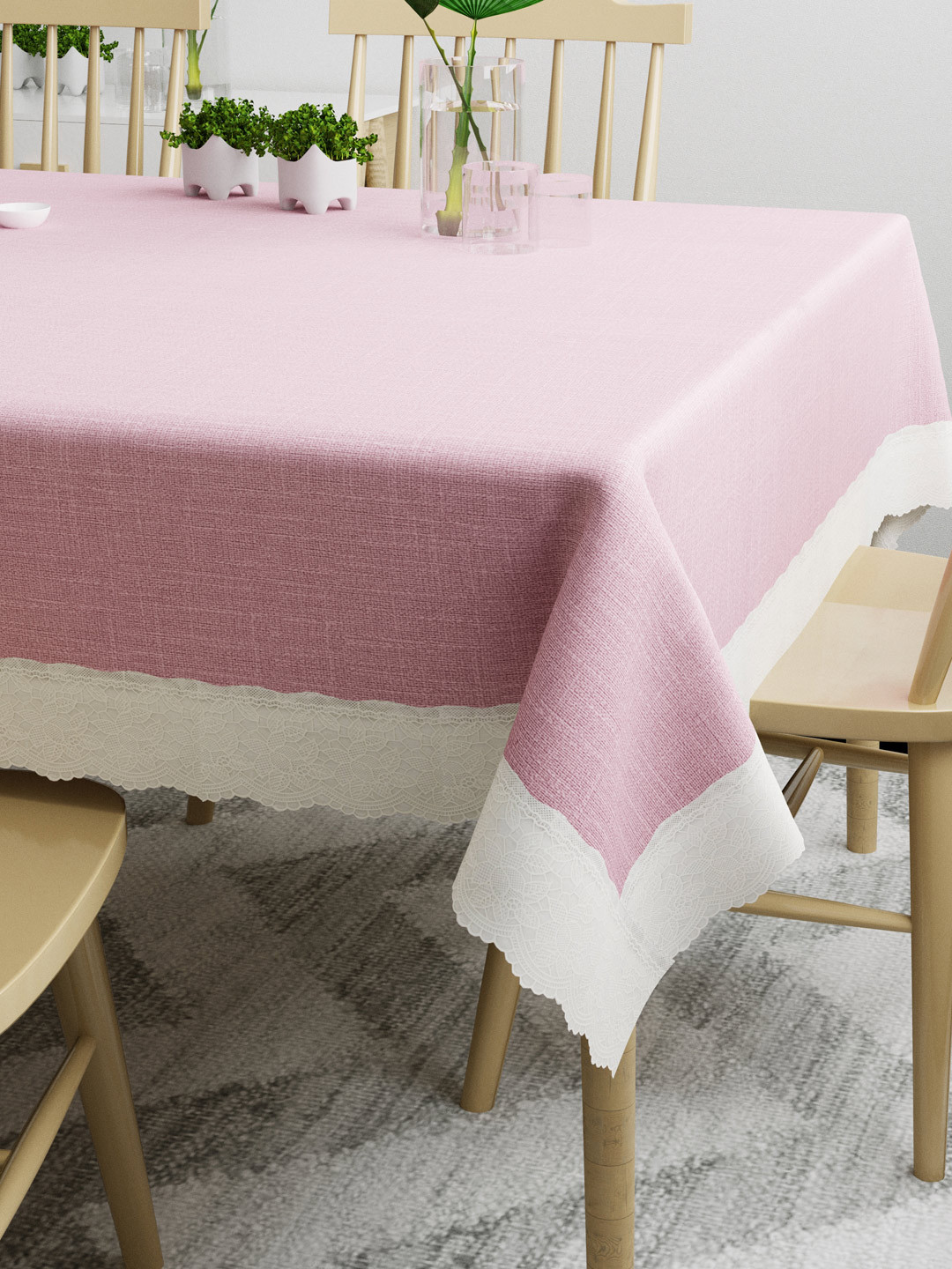 DREAM WEAVERZ Pink & White Solid 6-Seater Table Covers