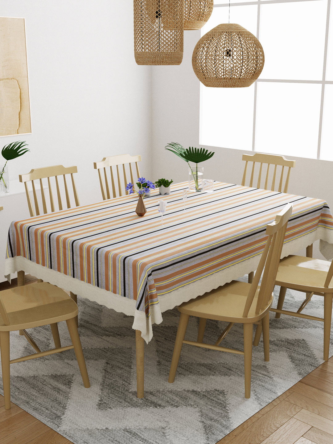 DREAM WEAVERZ Grey & Black Striped 6-Seater Table Cover