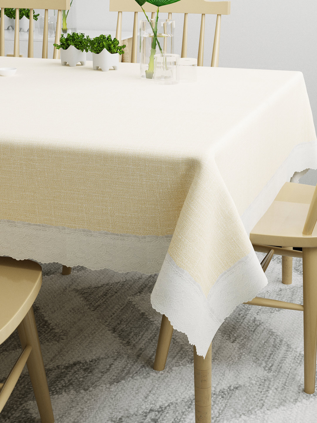 DREAM WEAVERZ Cream & White Solid 6-Seater Table Cover