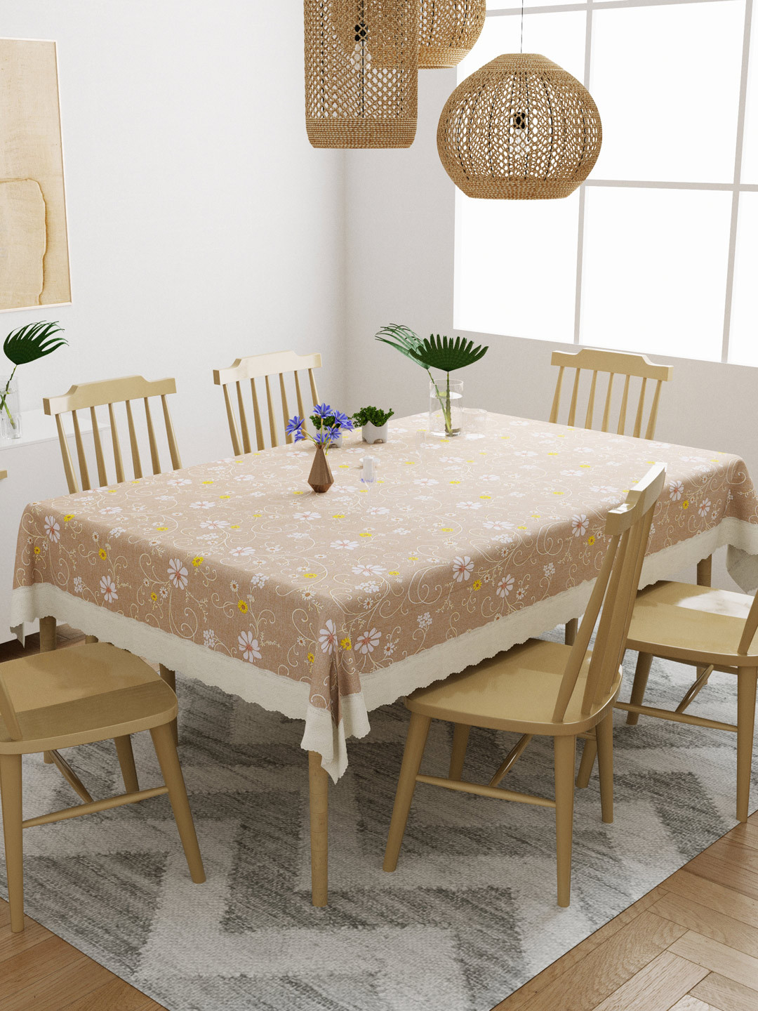 DREAM WEAVERZ Beige & Brown Floral Printed 6-Seater Table Cover