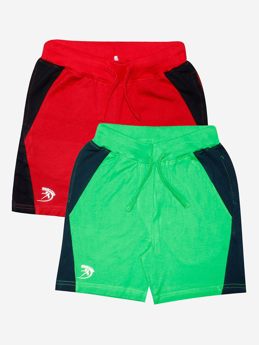 KiddoPanti Pack of 2 Boys Green & Red Cotton Regular Shorts With Side Panel