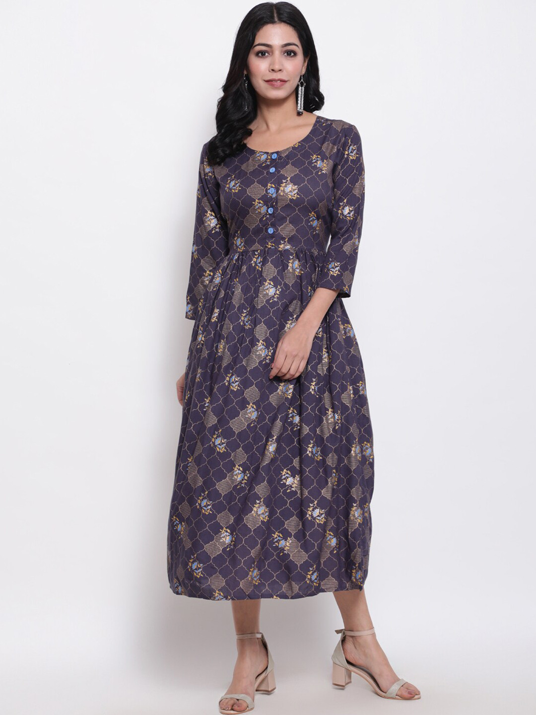 GLAM ROOTS Grey Ethnic Motifs Printed Ethnic Midi Dress